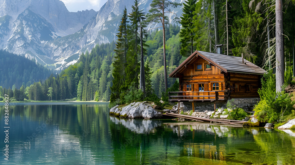 Fototapeta premium Wood cabin on the lake - log cabin surrounded by trees, mountains, and water in natural landscapes 