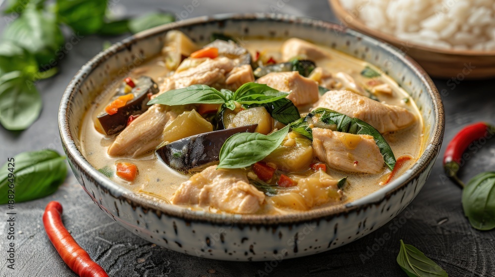 Overhead shot of Thai Green Curry (Kaeng Khiao Wan) with chicken, featuring tender slices of chicken breast, eggplant, bamboo shoots, and Thai basil in a creamy green curry sauce made with coconut Overhead shot of Thai Green Curry (Kaeng Khiao Wan) with chicken, featuring tender slices of chicken breast, eggplant, bamboo shoots, and Thai basil in a creamy green curry sauce made with coconut