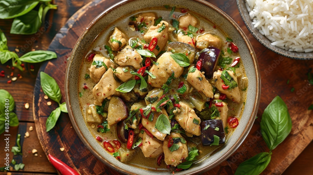 Overhead shot of Thai Green Curry (Kaeng Khiao Wan) with chicken, featuring tender slices of chicken breast, eggplant, bamboo shoots, and Thai basil in a creamy green curry sauce made with coconut Overhead shot of Thai Green Curry (Kaeng Khiao Wan) with chicken, featuring tender slices of chicken breast, eggplant, bamboo shoots, and Thai basil in a creamy green curry sauce made with coconut
