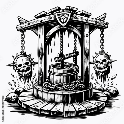 Haunted Medieval Well with Skulls and Chains in Dark Gothic Art Style
