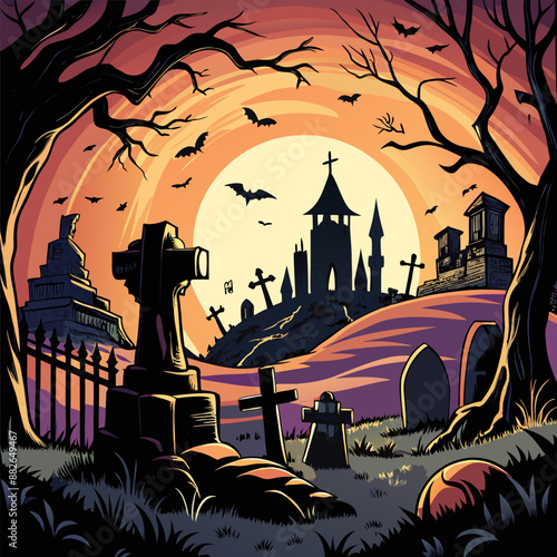 Spooky Halloween Night in Haunted Graveyard with Bats and Full Moon