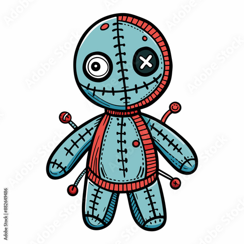 Cute Voodoo Doll Illustration with Colorful Stitches and Buttons