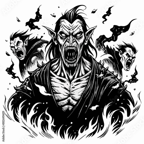 Monstrous Vampires Illustration with Spiky Hair and Spooky Black and White Flames