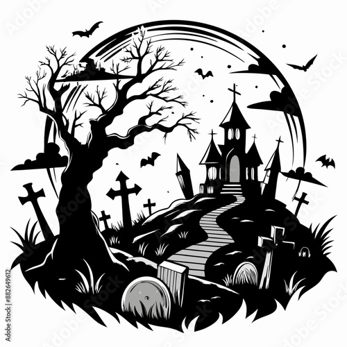 Spooky Graveyard with Haunted House and Flying Bats in Black and White Illustration