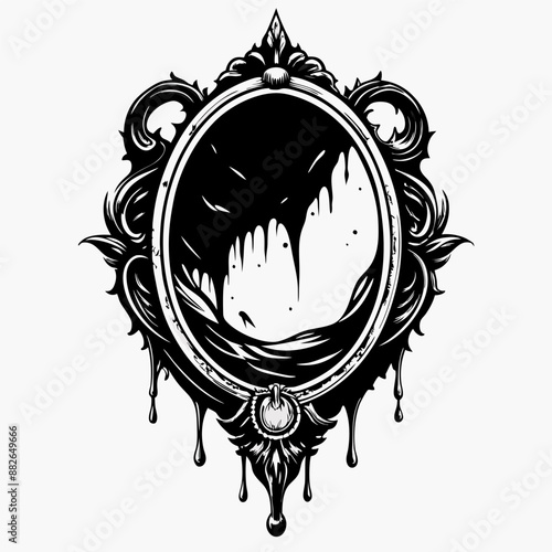 Gothic Ornate Mirror with Mysterious Dark Reflection and Dripping Elements