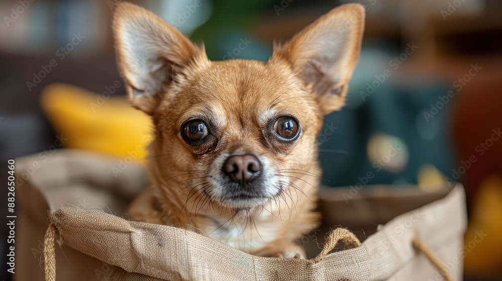 A small dog looking funny from a shopping bag, capturing a playful moment A small dog looking funny from a shopping bag, capturing a playful moment