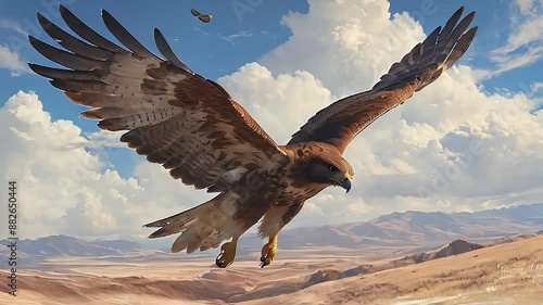 Wildlife Animation. Powerful Red-Tailed Hawk Soaring in Sky. Wings Spread Wide, Mountains and Clouds. Witness the Power and Majesty of the Red-Tailed Hawk in This Dynamic Video. photo