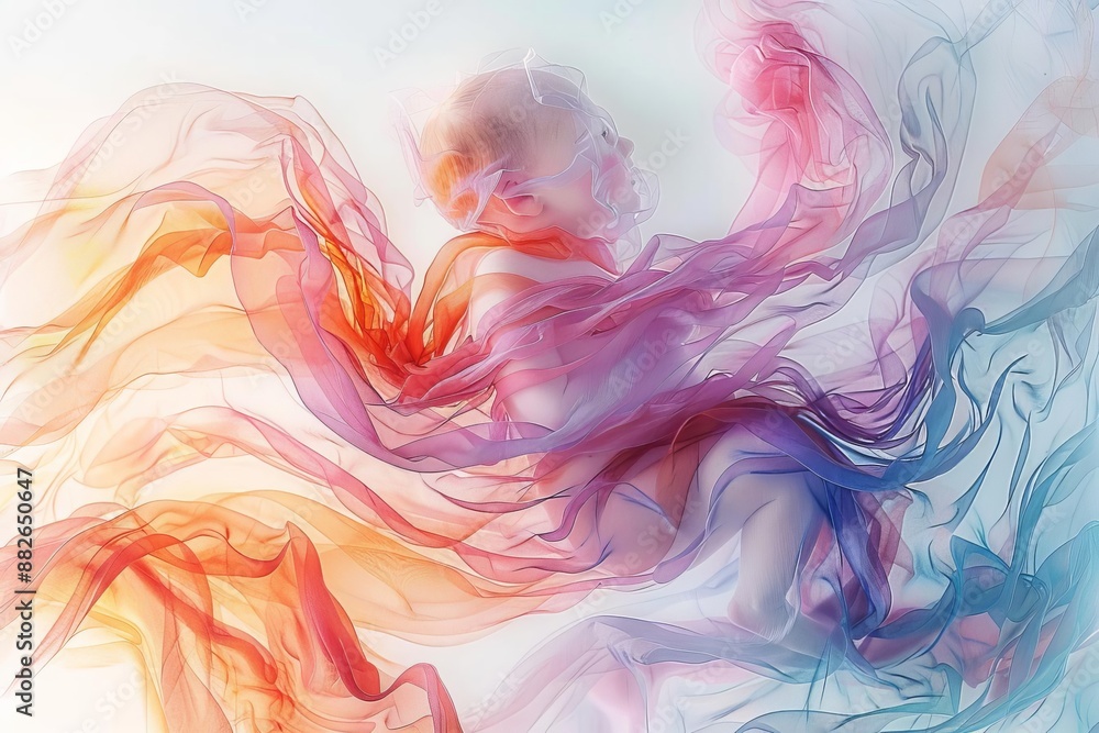 Obraz premium Abstract ethereal figure swathed in multicolored flowing fabric, combining vibrant hues and soft textures in a mesmerizing dance of colors.