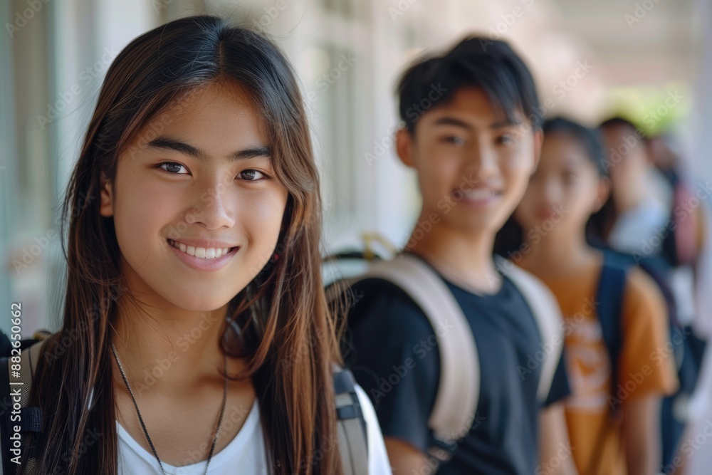 asian teen Students walking to school together, looking to camera. ai generated asian teen Students walking to school together, looking to camera. ai generated
