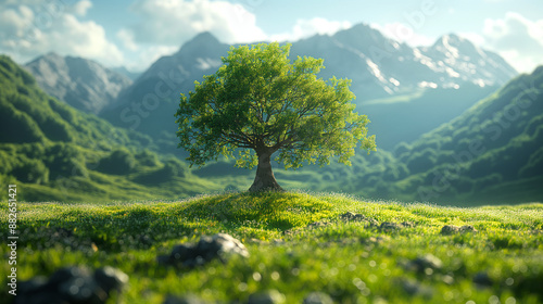 hiper realistic image of a close up tree in the front, standing in a green field with mountains in the back. photo