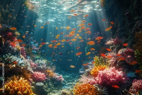 Underwater scene with colorful coral reefs.