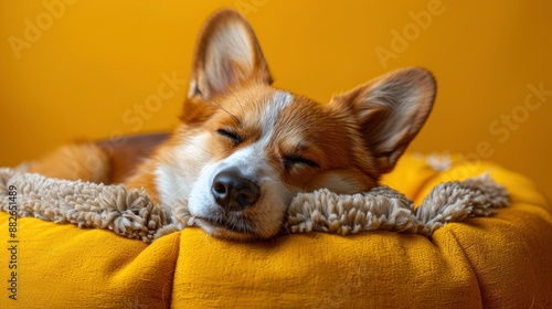 An adorable Welsh Corgi Pembroke sleeping and relaxing in a dog bed, against a yellow studio background © GenVision