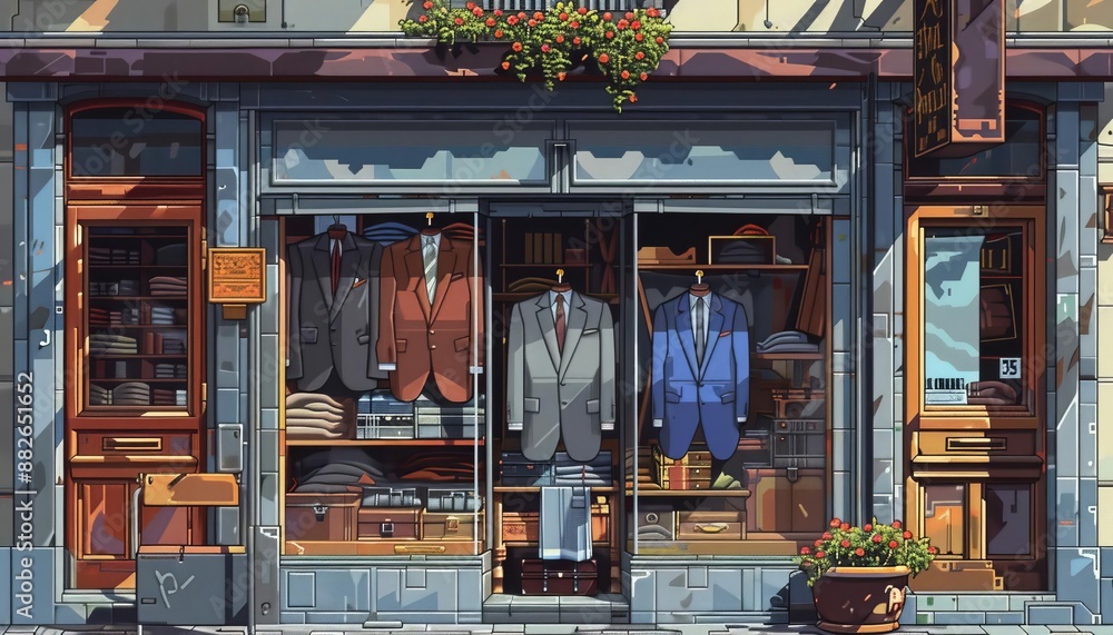 Obraz premium A charming storefront displaying elegant suits and clothing. High-quality men's fashion with a classic, timeless appeal in a cozy setting.