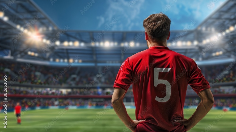 Fototapeta premium Football player standing on the playing field Wear a red shirt Brightly lit with spotlights The player's rear view emphasizes his readiness and determination and the intensity of the moment.