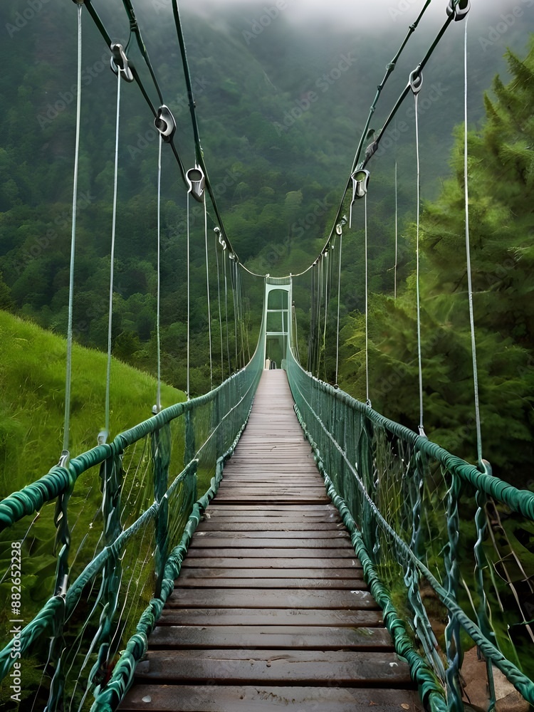 Obraz premium A suspension bridge between the mountains is picturesque prints on the place bright green color if nature wet with dew drops Generative AI