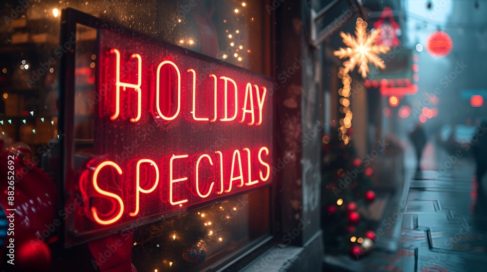 Sign in store window that says “HOLIDAY SPECIALS” - deals - big discount - Black Friday - sales - neon sign - storefront - display window - retail - holiday - Christmas Sign in store window that says “HOLIDAY SPECIALS” - deals - big discount - Black Friday - sales - neon sign - storefront - display window - retail - holiday - Christmas