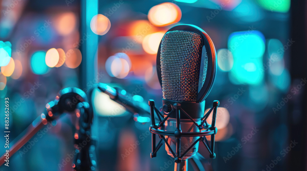 Closeup of a microphone with bokeh lights in the background. Closeup of a microphone with bokeh lights in the background.