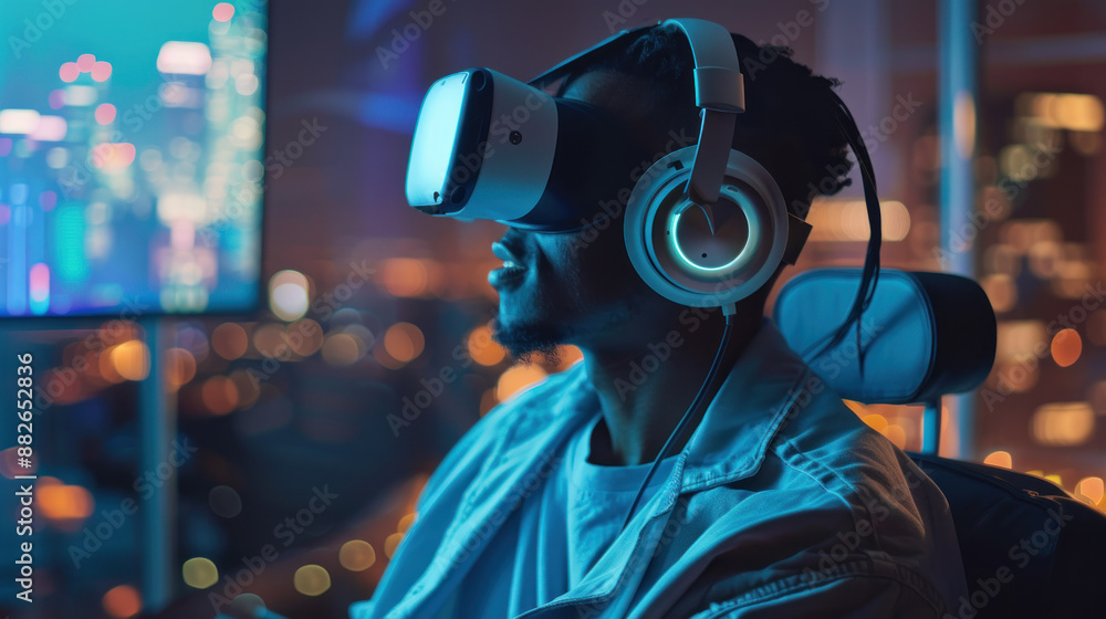 Man wearing VR headset gaming in a room with a city view. Man wearing VR headset gaming in a room with a city view.