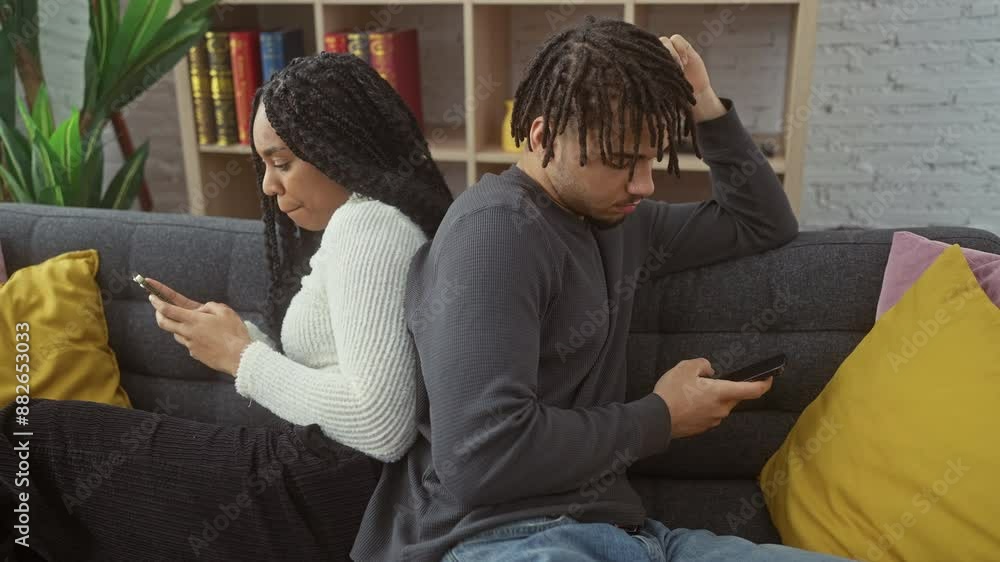 African american couple engaging with smartphones ignoring each other in a modern living room. African american couple engaging with smartphones ignoring each other in a modern living room.