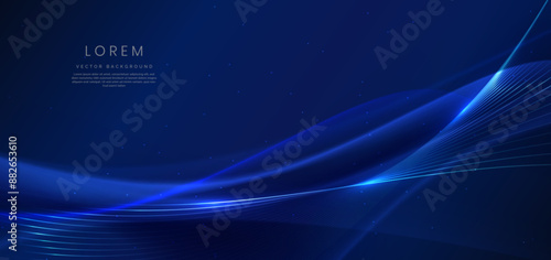 Abstract luxury glowing lines curved overlapping on dark blue background.