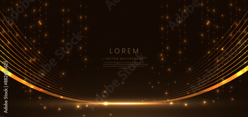 Abstract glowing gold lighting curve lines on dark  background with lighting effect and sparkle with copy space for text.