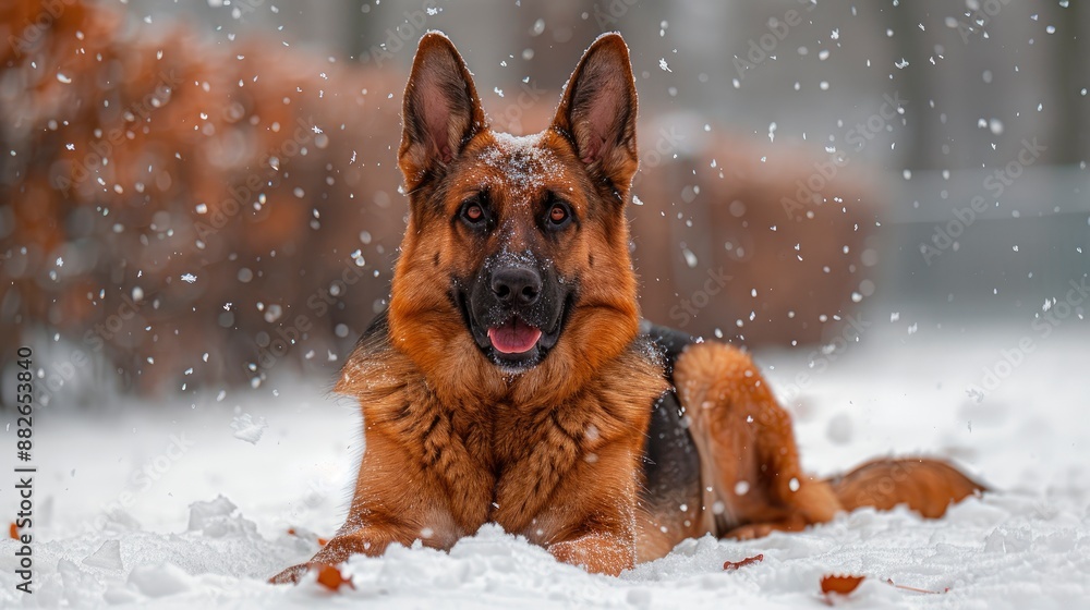 A majestic German Shepherd sitting on the pristine white snow in a serene winter park A majestic German Shepherd sitting on the pristine white snow in a serene winter park