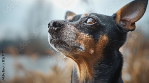 A miniature Pinscher isolated on a white background, looking alert