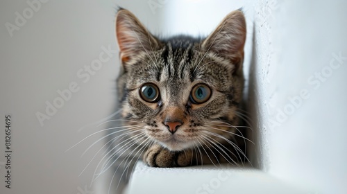 A mongrel tabby cat peeking out from behind a white surface, looking curious