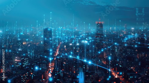 Wallpaper Mural Modern smart city with blue tech wires and antennas on a night skyline, double exposure for a futuristic data concept. Torontodigital.ca