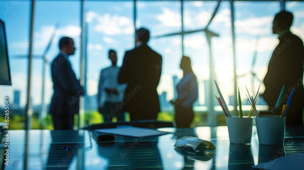 Blurred Investors Discussing Wind Turbine Power Generation with Wind Farm in Background for Business ESG Ideas Blurred Investors Discussing Wind Turbine Power Generation with Wind Farm in Background for Business ESG Ideas