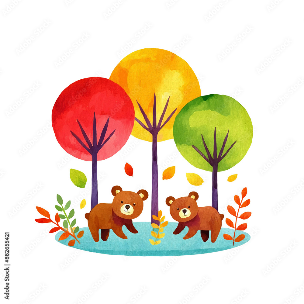 Naklejka premium 秋の森に住むかわいい子グマのイラスト 白背景の切り抜き