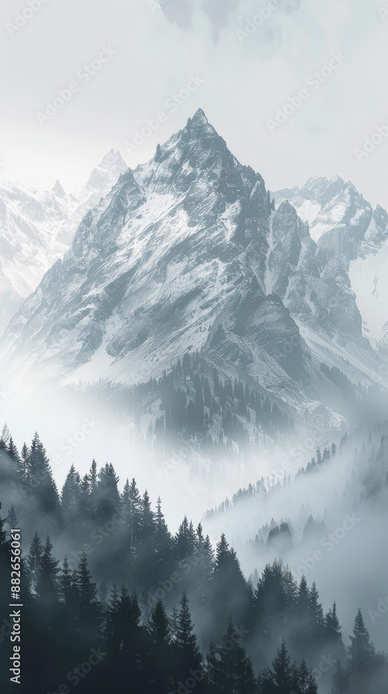 A snow-capped mountain peak rises above a misty valley filled with dense evergreen trees A snow-capped mountain peak rises above a misty valley filled with dense evergreen trees