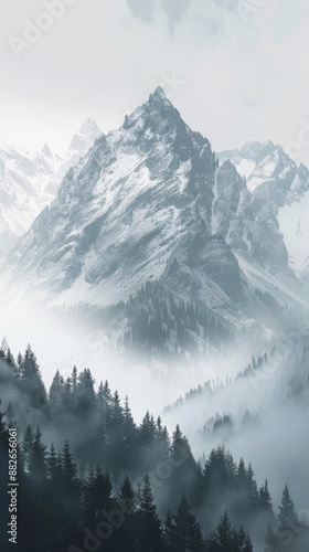 A snow-capped mountain peak rises above a misty valley filled with dense evergreen trees