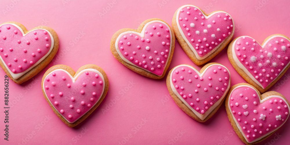 Vibrant pink heart-shaped cookies with sweet sugar icing sit on a matching pink background, offering ample copy space for your Valentine's Day message or design. Vibrant pink heart-shaped cookies with sweet sugar icing sit on a matching pink background, offering ample copy space for your Valentine's Day message or design.