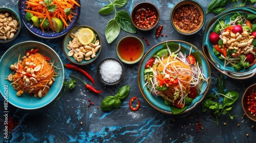 Wallpaper Mural Overhead shot of Thai Papaya Salad variations including classic, vegetarian, and seafood options, served in colorful Thai serving dishes with traditional Thai garnishes and condiments, accompanied by Torontodigital.ca