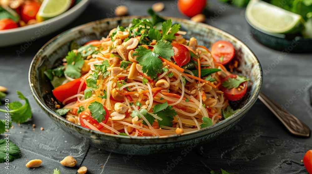 Detailed shot of Som Tum with salted egg, highlighting the savory richness of salted egg combined with shredded green papaya, cherry tomatoes, and peanuts in a spicy lime dressing, served in an Detailed shot of Som Tum with salted egg, highlighting the savory richness of salted egg combined with shredded green papaya, cherry tomatoes, and peanuts in a spicy lime dressing, served in an