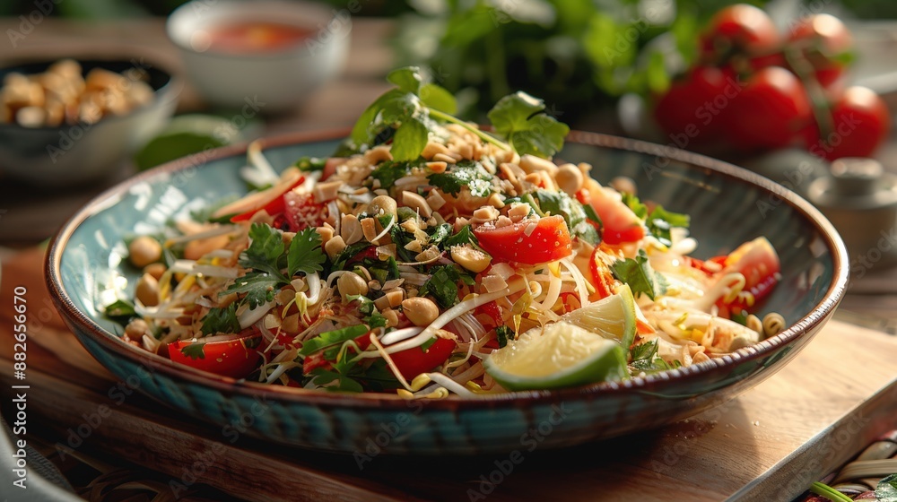 Detailed shot of Som Tum with salted egg, highlighting the savory richness of salted egg combined with shredded green papaya, cherry tomatoes, and peanuts in a spicy lime dressing, served in an Detailed shot of Som Tum with salted egg, highlighting the savory richness of salted egg combined with shredded green papaya, cherry tomatoes, and peanuts in a spicy lime dressing, served in an