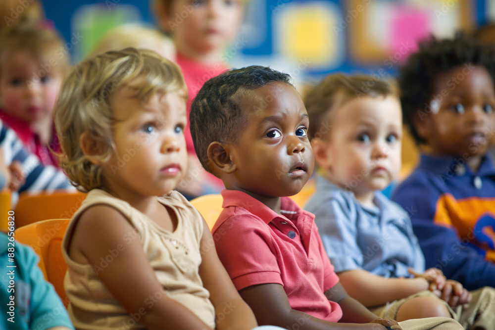 Mixed race group of toddlers sitting in classroom and looking in awe at their teacher. Mixed race group of toddlers sitting in classroom and looking in awe at their teacher.