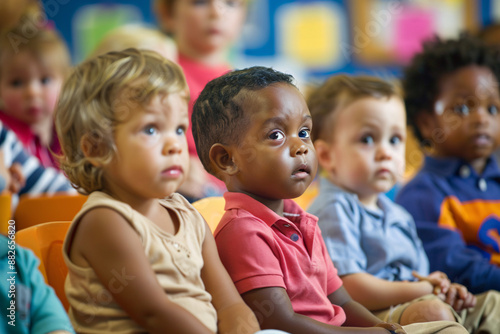 Mixed race group of toddlers sitting in classroom and looking in awe at their teacher.