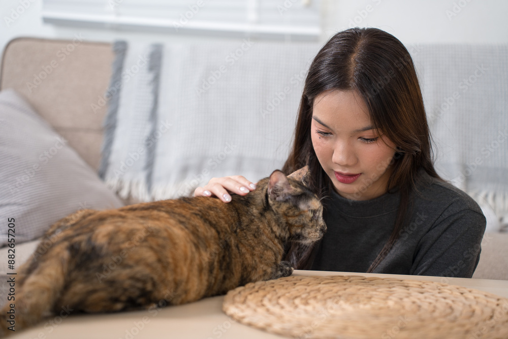 A woman seated on a couch, with her cat resting on the table in front of her. She is looking at the cat with a gentle expression A woman seated on a couch, with her cat resting on the table in front of her. She is looking at the cat with a gentle expression
