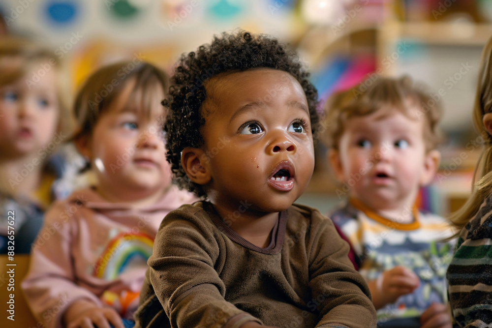 Mixed race group of toddlers in classroom, looking in awe at their teacher Mixed race group of toddlers in classroom, looking in awe at their teacher
