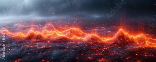 Burning fiery landscape, inferno, apocalyptic scene of destruction and chaos. Dramatic background image of hell, volcanic eruption, or climate change