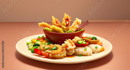 Illustration of a plate of Japanese tempura with crispy battered shrimp and vegetables, served with tentsuyu dipping sauce.
 photo