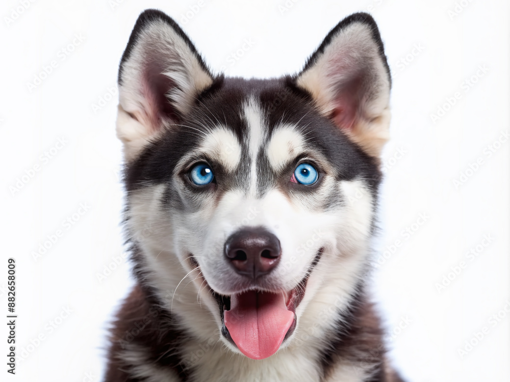 Adorable Siberian Husky dog with piercing blue eyes and tongue out, smiling brightly, poses on a clean white background, showcasing its innocent and playful nature. Adorable Siberian Husky dog with piercing blue eyes and tongue out, smiling brightly, poses on a clean white background, showcasing its innocent and playful nature.