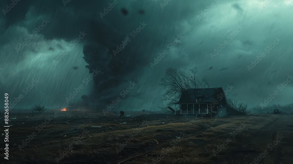 Fototapeta premium A terrifying tornado ripping apart rural countryside, colossal whirl of wind and debris, shattered farmhouses and uprooted trees