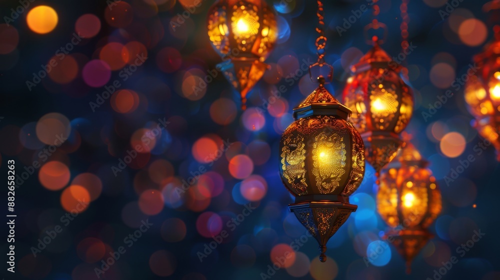 on a dark background Colorful lights, golden lanterns It increases the feeling of joy. Create a lively and festive atmosphere with this Eid al-Adha celebration banner. on a dark background Colorful lights, golden lanterns It increases the feeling of joy. Create a lively and festive atmosphere with this Eid al-Adha celebration banner.
