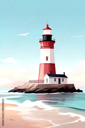 Flat illustration style and poster style image of Britteny light house in France, pastel colors, clear sky. High waves surrounding the lighthouse