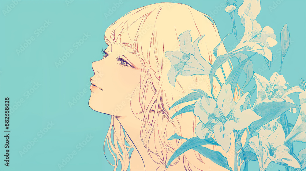 桔梗の花と女性 桔梗の花と女性