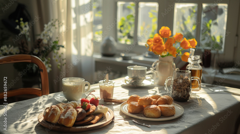 Naklejka premium A casual brunch setup on a dining table, with fresh pastries, fruit, coffee, and a relaxed, sunny atmosphere