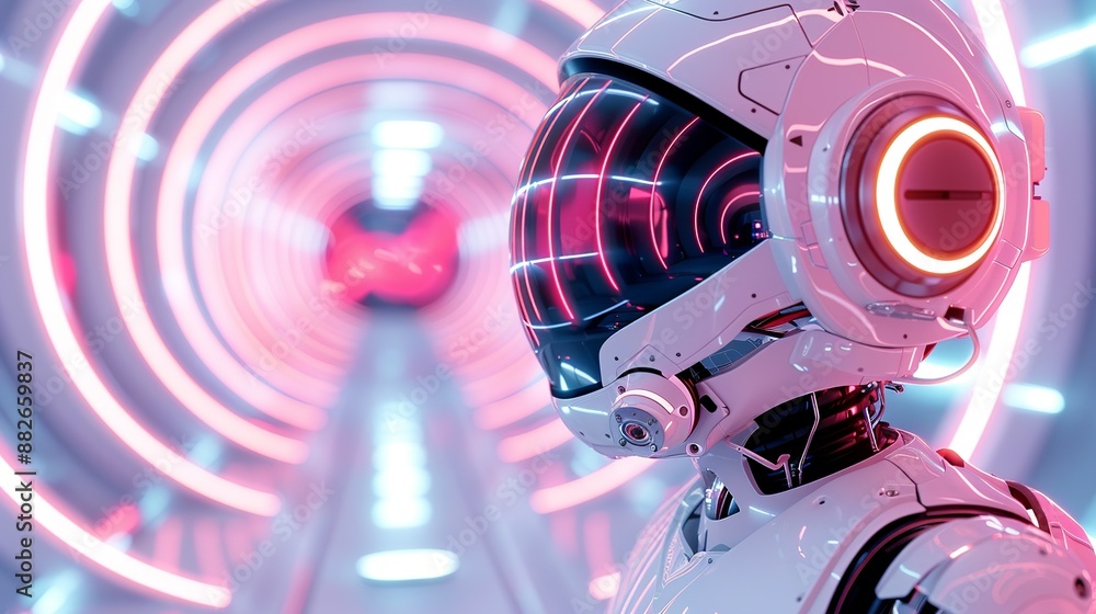 Fototapeta premium High-tech collaboration: Robots and humans in a futuristic setting with vibrant lighting. Illustration, Image, , Minimalism,